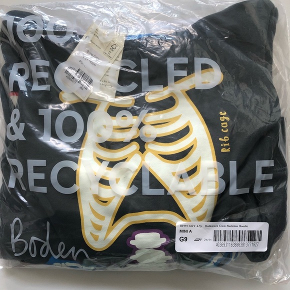 Like New Mini Boden Glow Print Skeleton Hoodie Costume Halloween Skull VTG Style - Picture 10 of 13